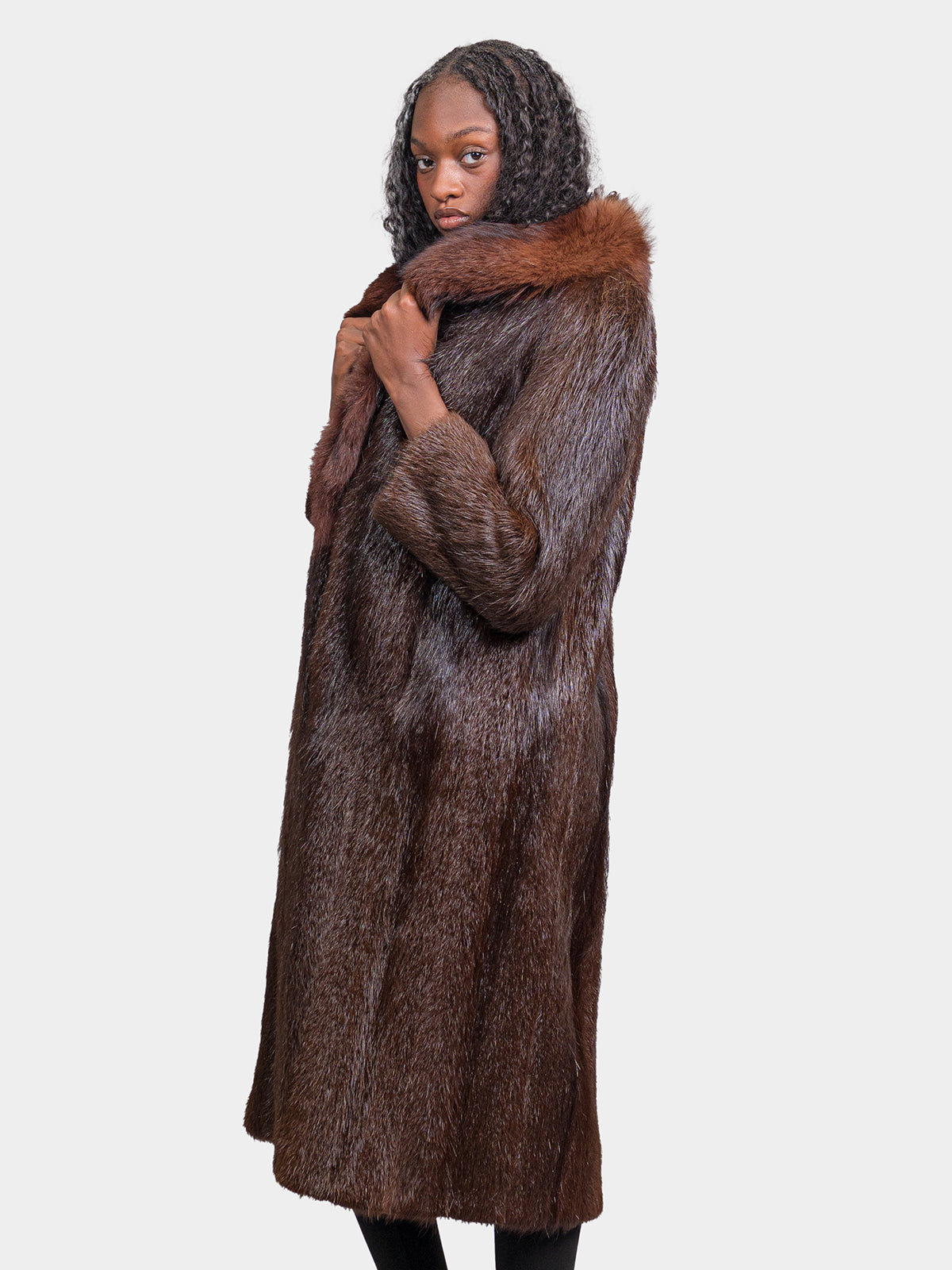 Women's Brown Nutria Coat with Fox Collar